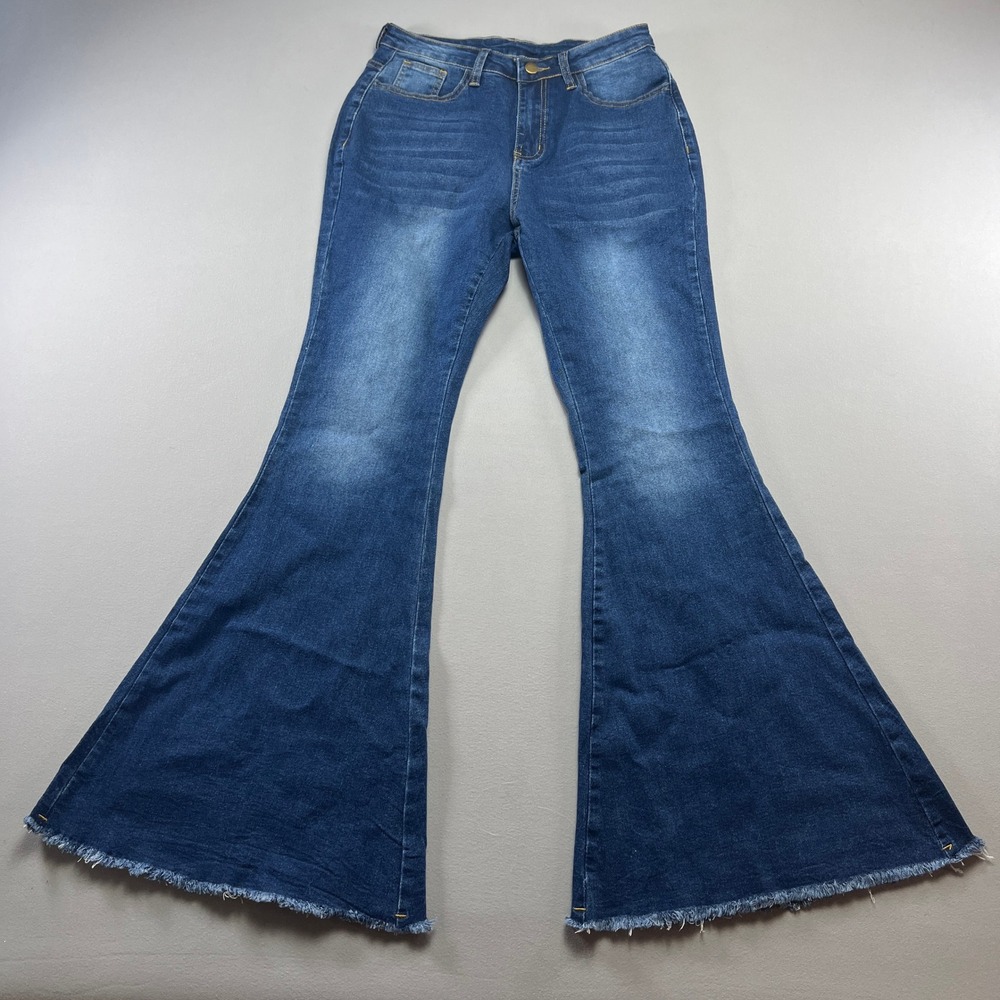 Womens Flare Jeans Small Blue Whisker Denim Stretch Bell Bottom Medium Wash